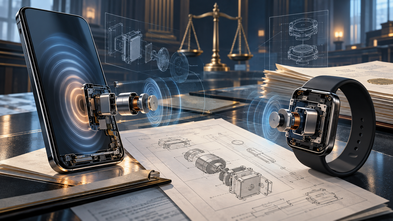 Original editorial illustration of haptic motor components, patent drawings and balanced legal scales