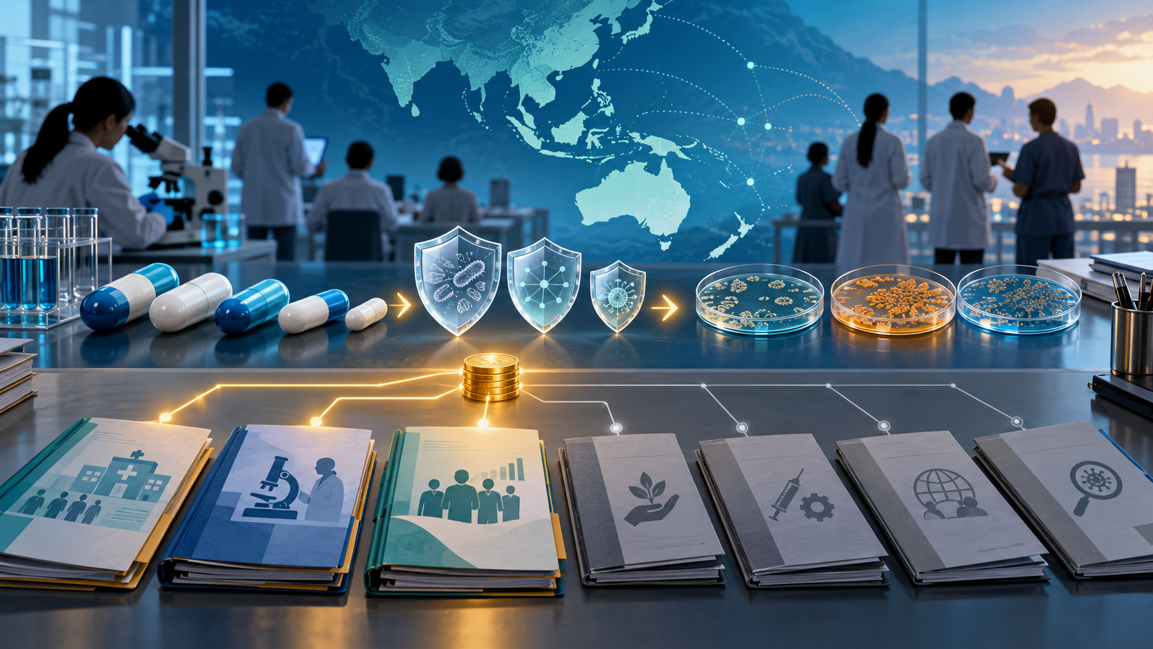Original editorial illustration of antibiotic capsules, laboratory work and partially funded public-health plans across Asia-Pacific