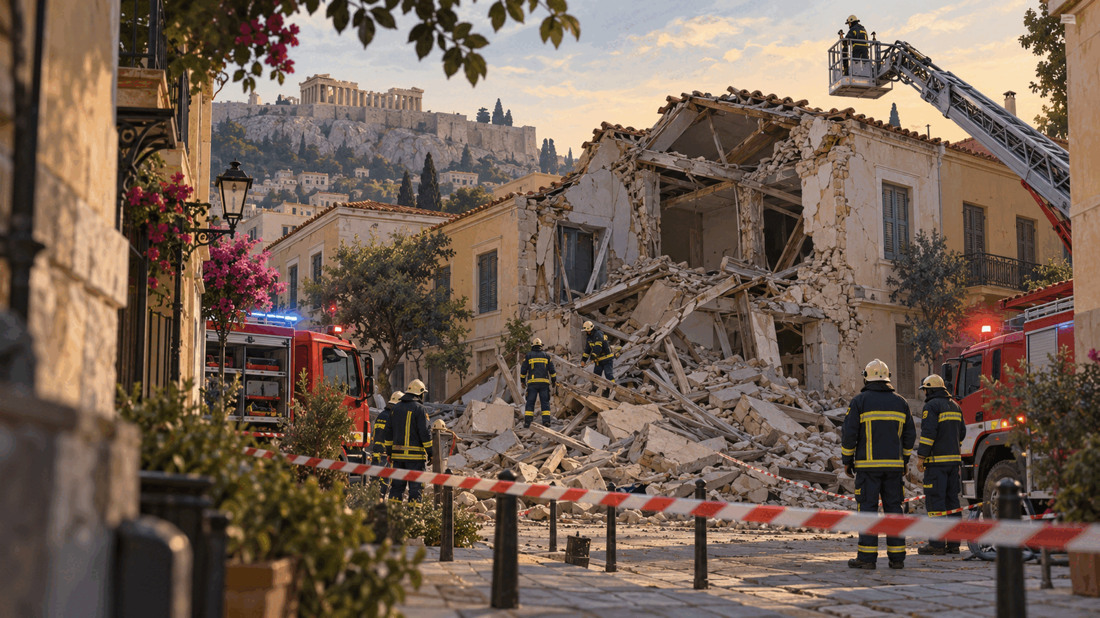 Original editorial illustration of firefighters responding to a collapsed building in Athens with the Acropolis in the distance