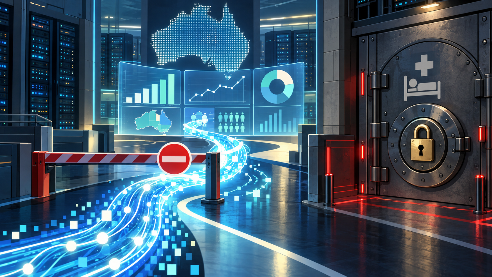 Original editorial illustration of an AI data path entering an Australian statistics portal while patient records remain locked