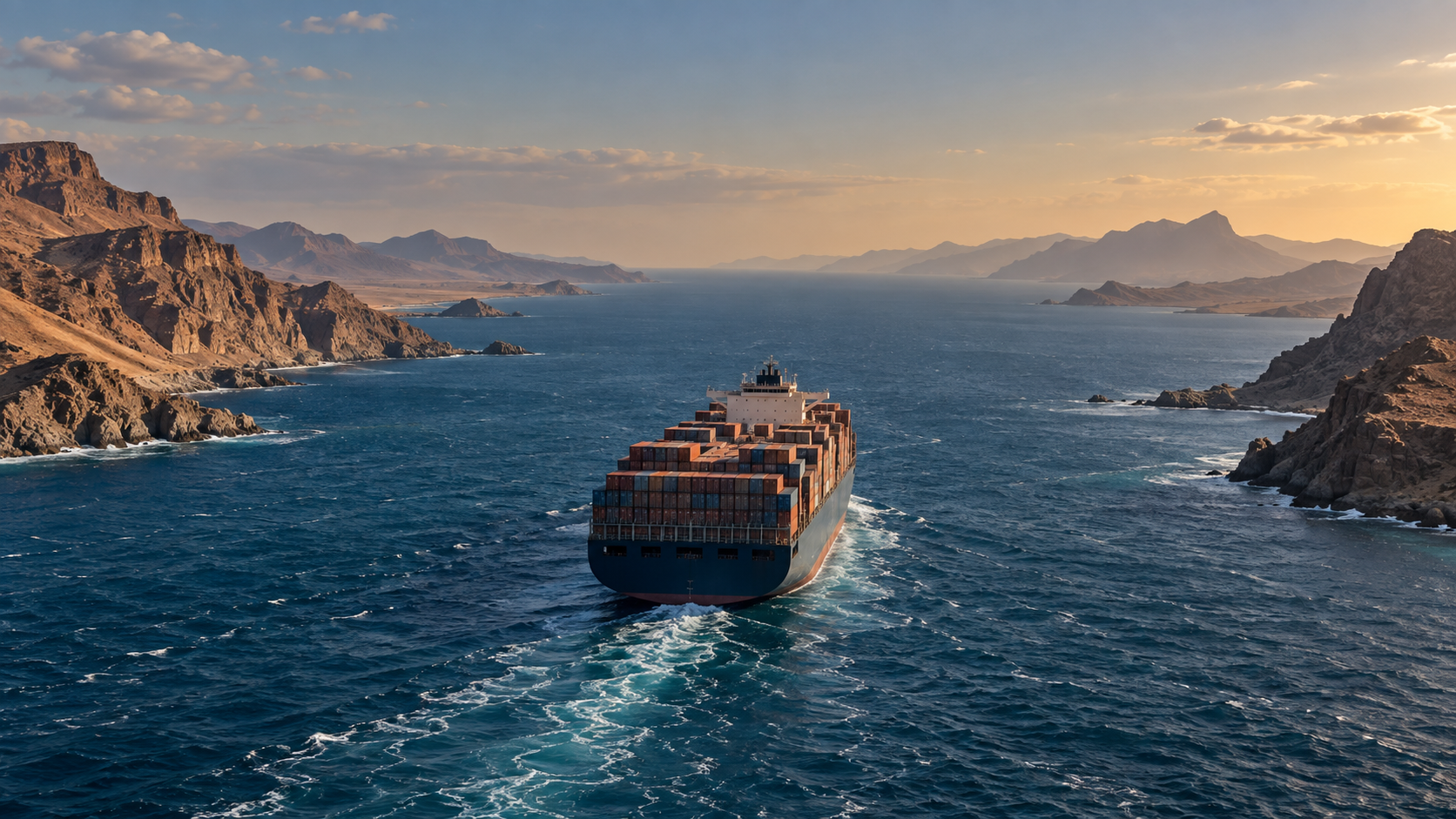 Original editorial illustration of a container ship passing through an arid maritime strait