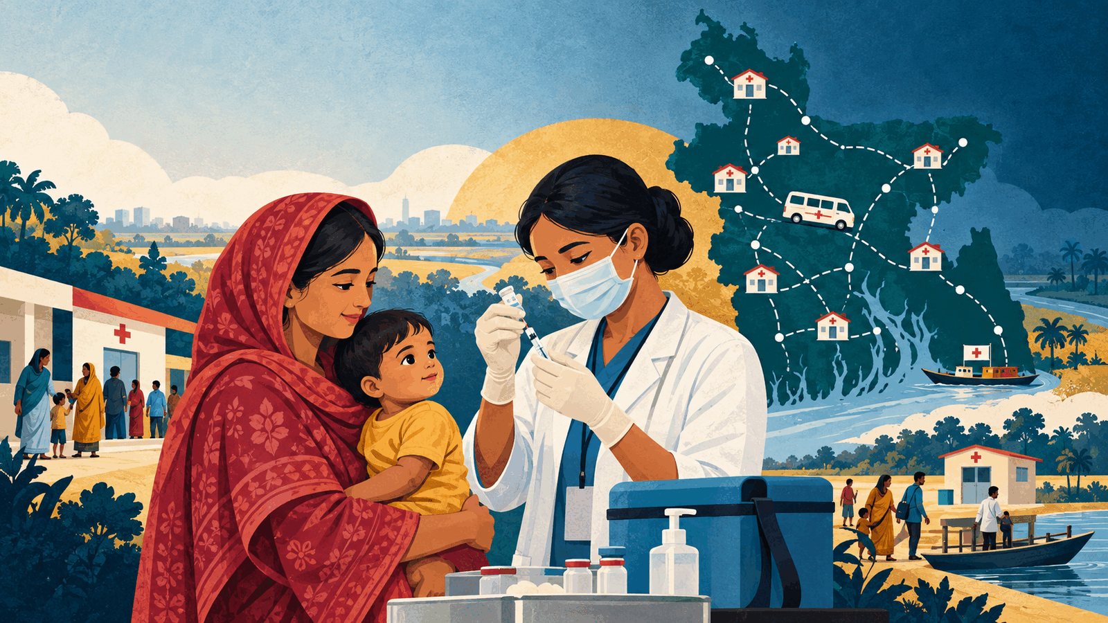 Original editorial illustration of a Bangladeshi health worker preparing a childhood vaccine while outreach routes connect clinics across the country