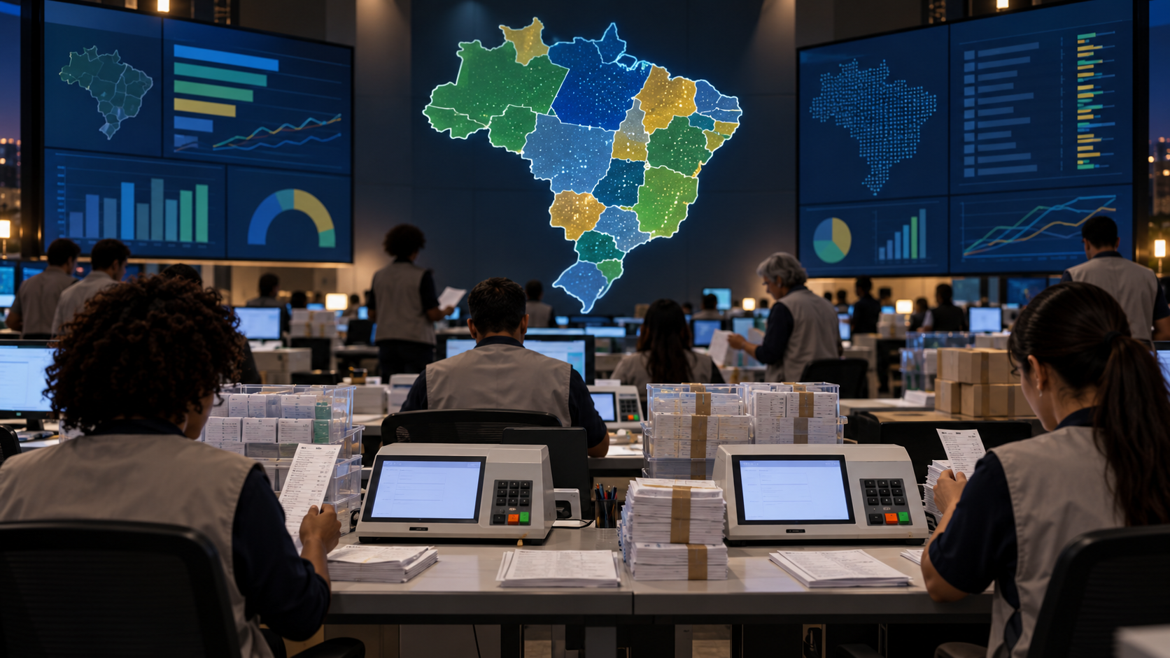 Original editorial illustration of election workers reviewing incoming results around a map of Brazil