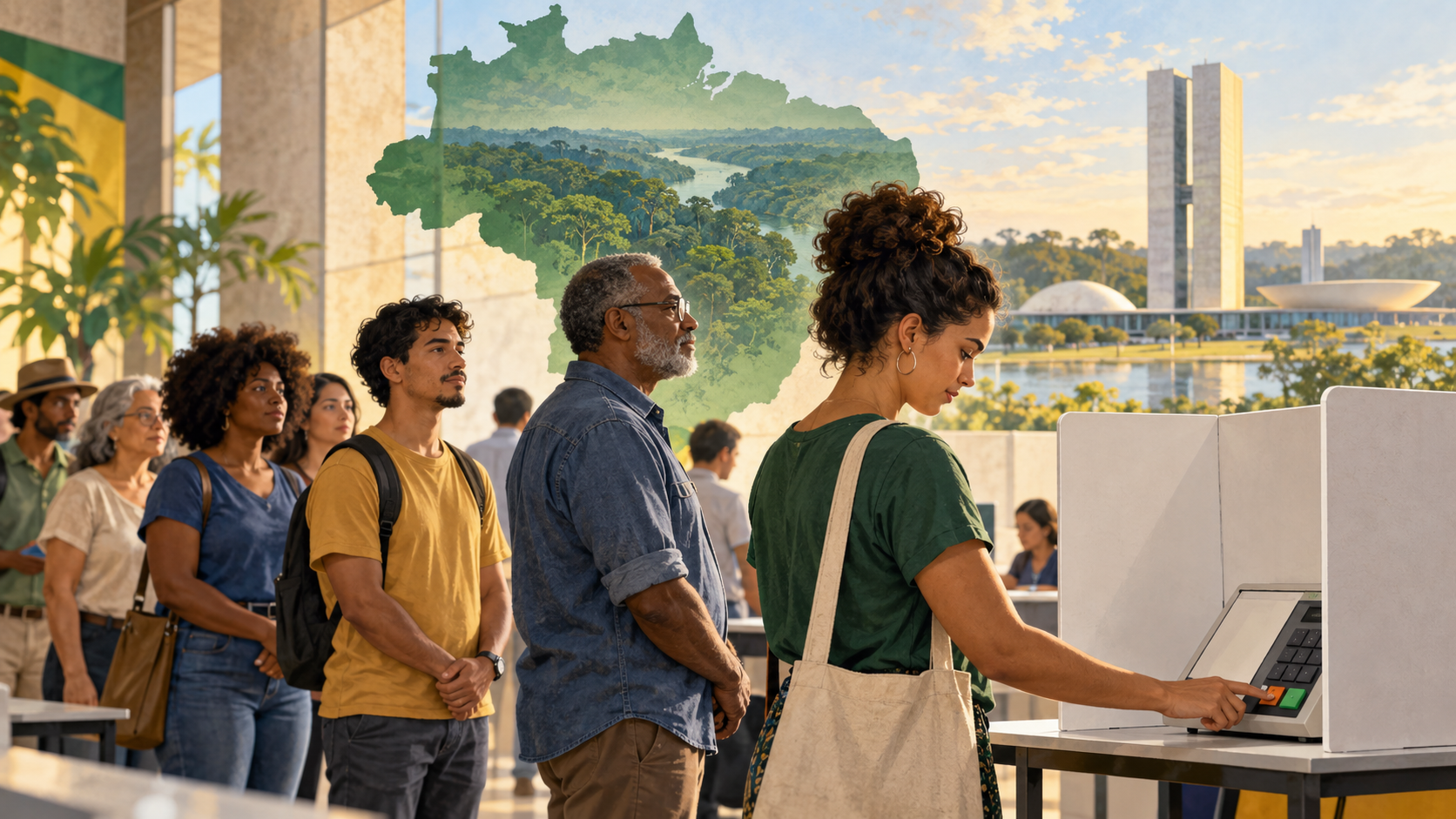 Editorial illustration of diverse Brazilian voters waiting at electronic voting machines with Brazil’s map, rainforest and National Congress in the background