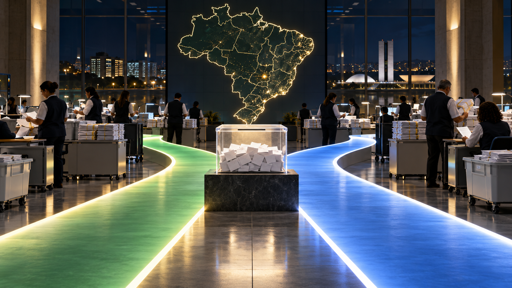 Original neutral illustration of two equal paths converging on a ballot box beneath a map of Brazil