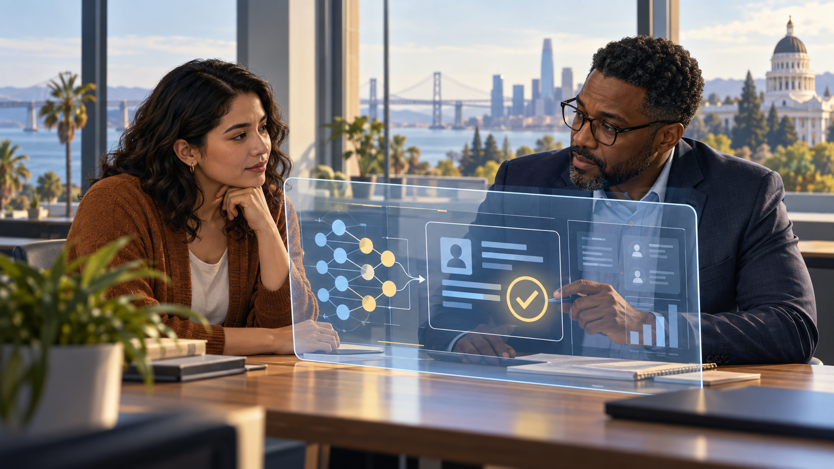 Editorial illustration of a worker and manager reviewing an automated employment decision together