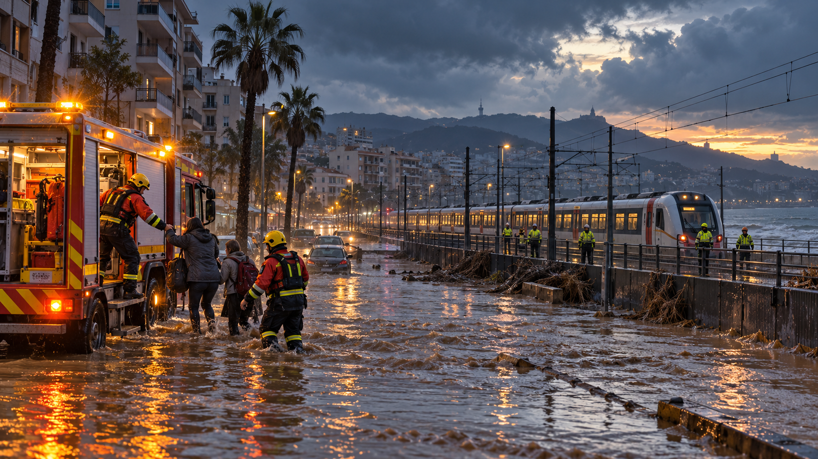 Original editorial illustration of emergency crews helping residents on a flooded Catalonia street beside a commuter railway