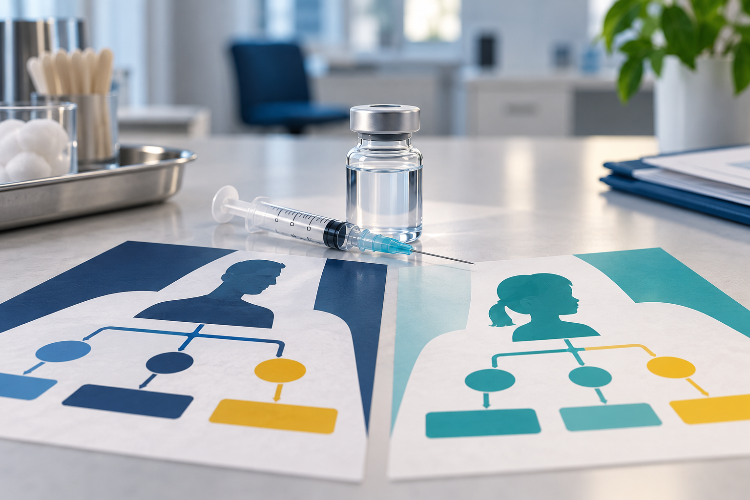 Original editorial illustration of an unlabeled vaccine vial, syringe and two abstract age-path diagrams
