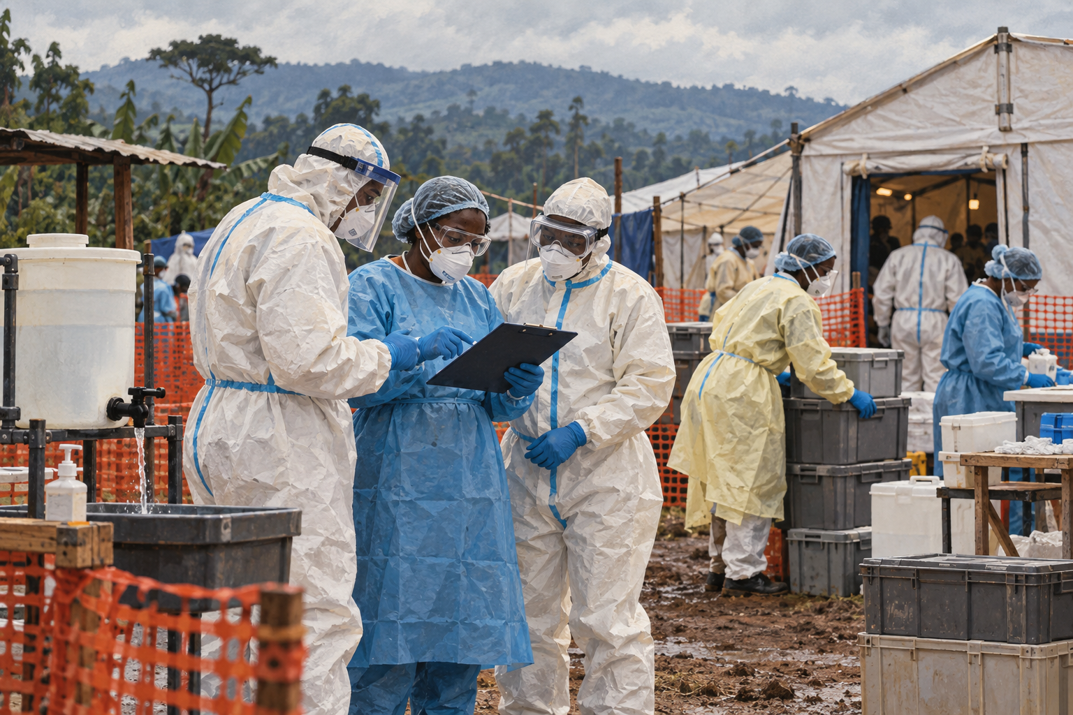 Editorial illustration of health workers in protective equipment coordinating at an Ebola treatment site