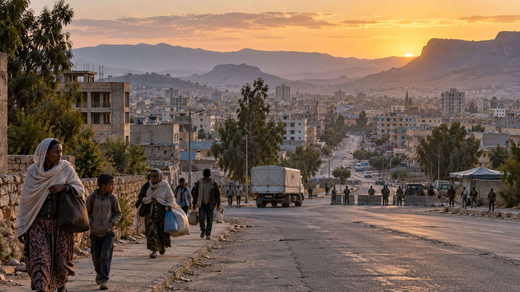 Editorial illustration of civilians walking along a broad avenue in a highland city with a distant checkpoint and aid truck