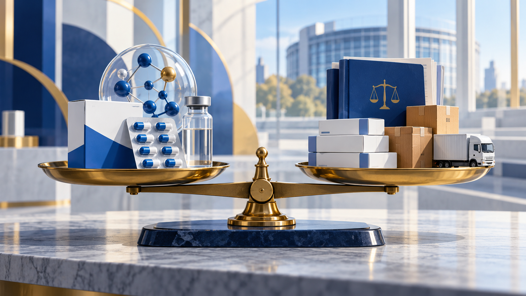 Editorial illustration balancing medicines, regulation and supply-chain boxes
