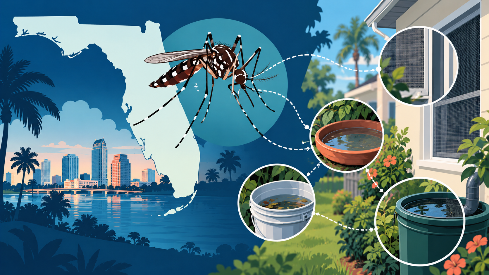 Editorial illustration of an Aedes mosquito, Florida and household standing-water sources