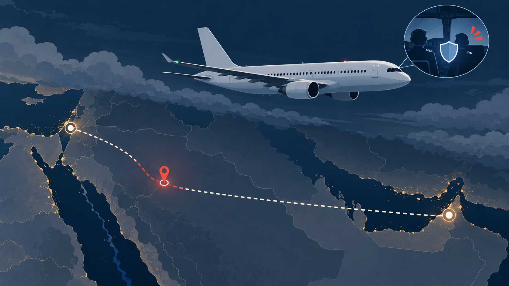 Editorial illustration of a passenger aircraft route diverting to Tabuk with a cockpit safety symbol