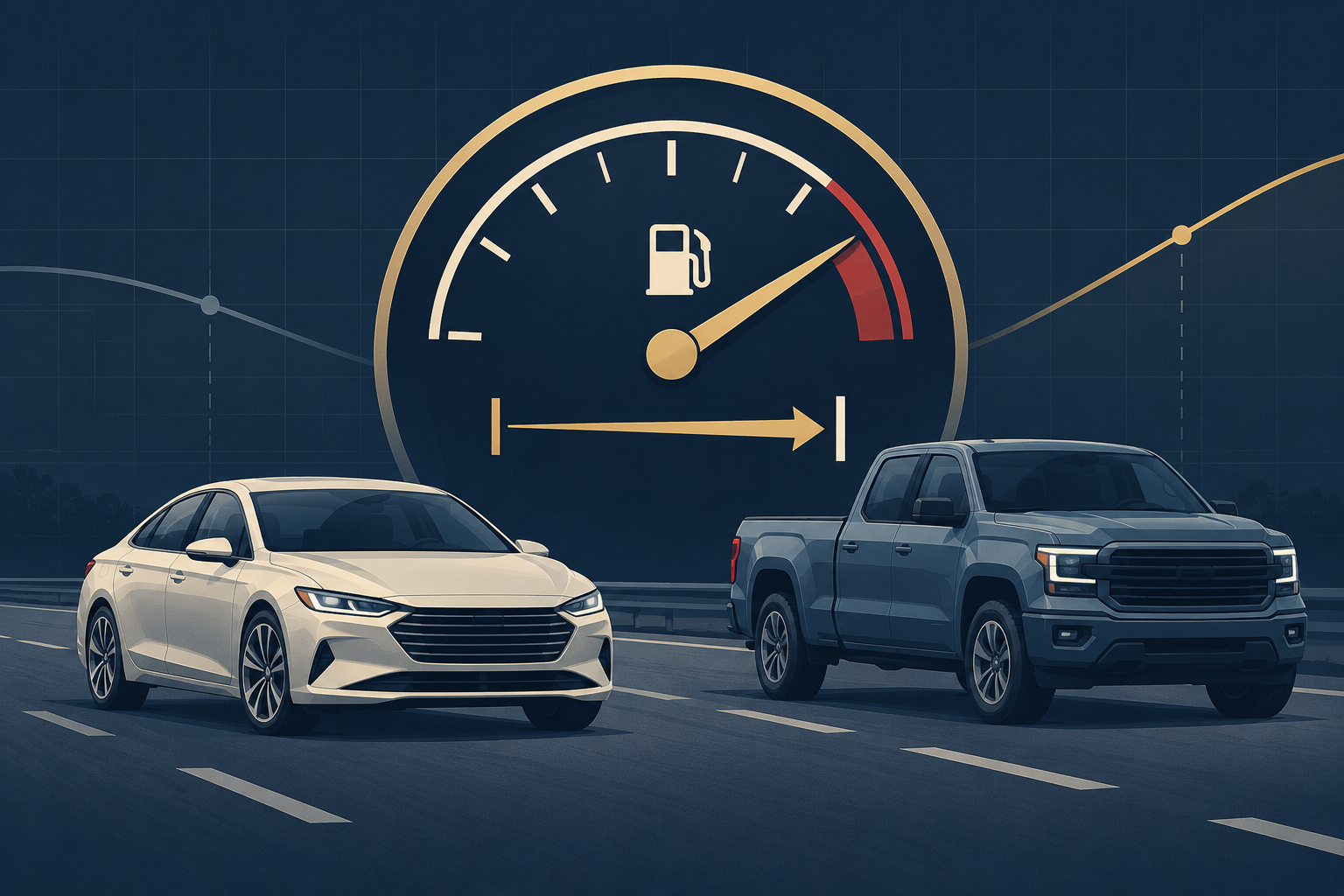 Editorial illustration of a sedan and pickup truck in front of a fuel-efficiency gauge