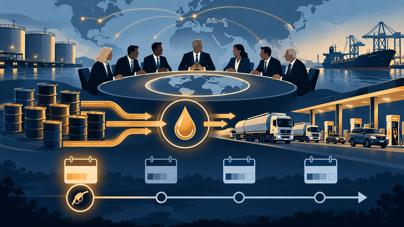 Editorial illustration of coordinated emergency fuel reserves moving toward freight trucks and fuel pumps