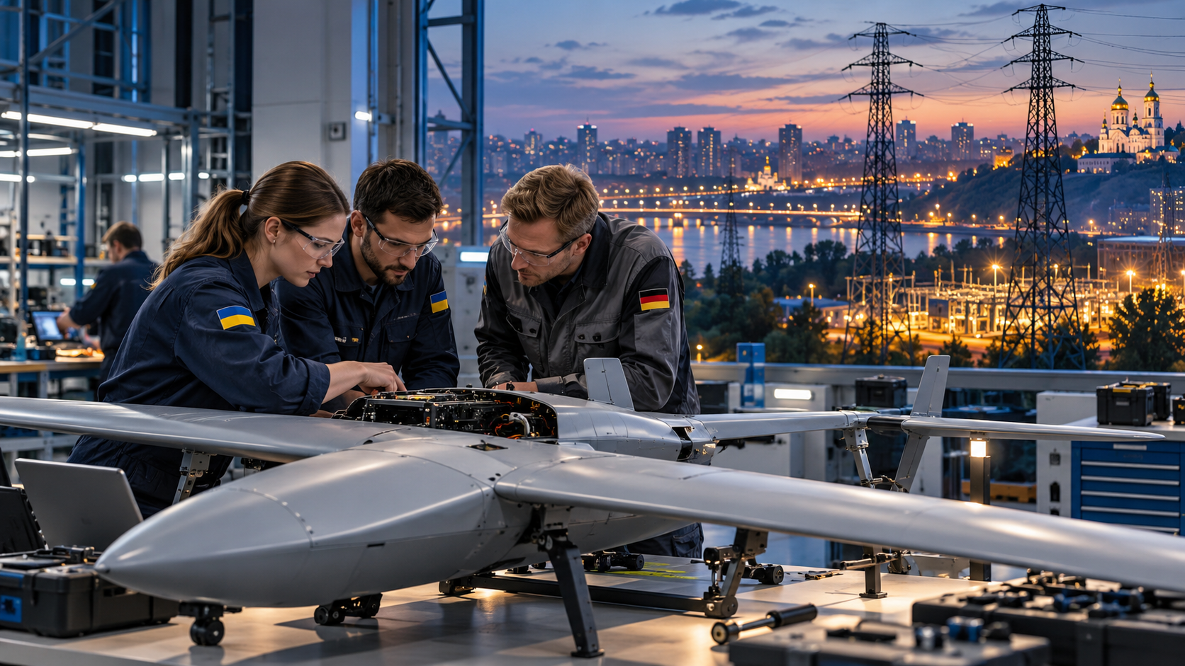 Editorial illustration of German and Ukrainian engineers inspecting a drone airframe beside a repaired electrical grid at dusk