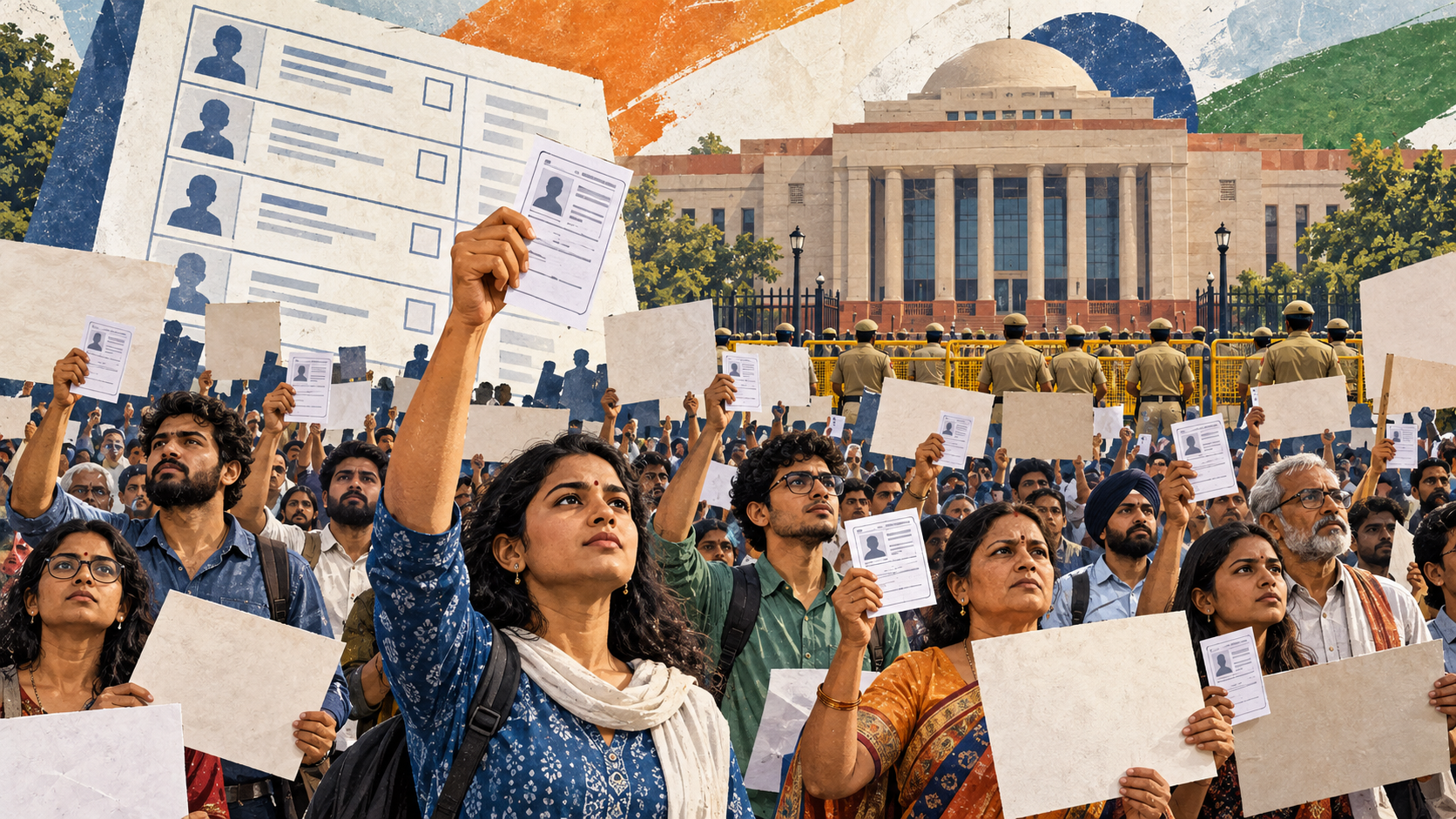 Editorial illustration of Indian voters holding registration papers during a peaceful demonstration outside an election building
