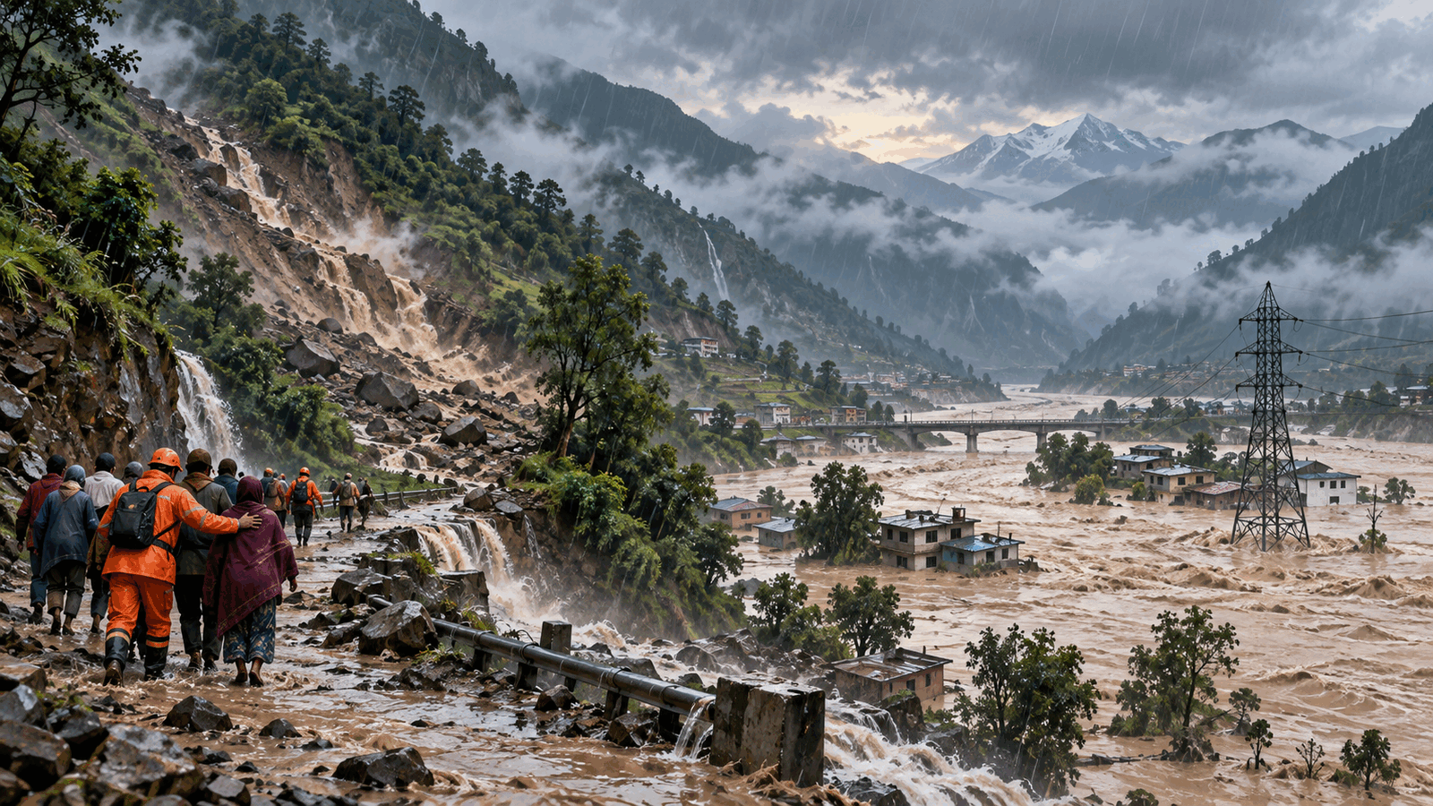 Original editorial illustration of monsoon flooding and landslide hazards in the Himalayan foothills
