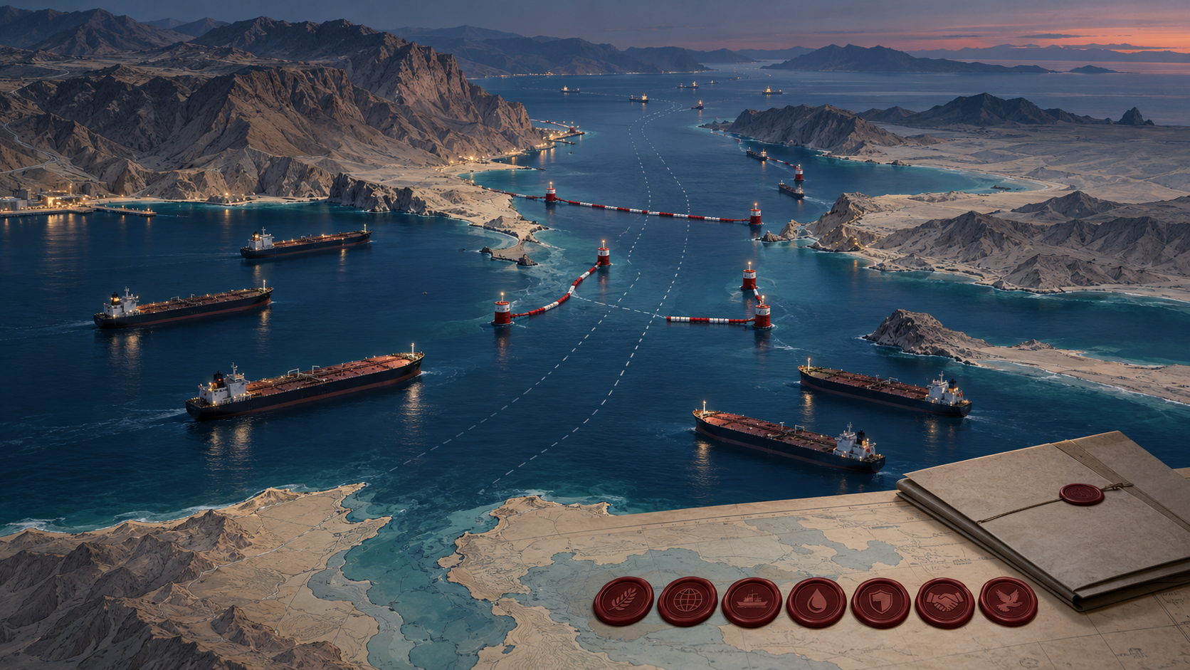 Original editorial illustration of tankers waiting near a constrained shipping channel in the Strait of Hormuz