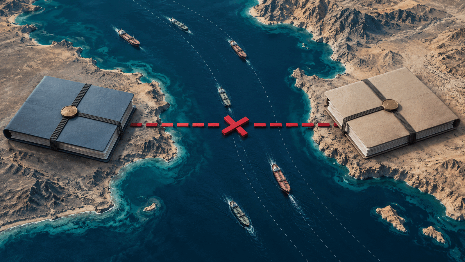 Editorial illustration of shipping in the Strait of Hormuz separated from two diplomatic files by a red stop mark