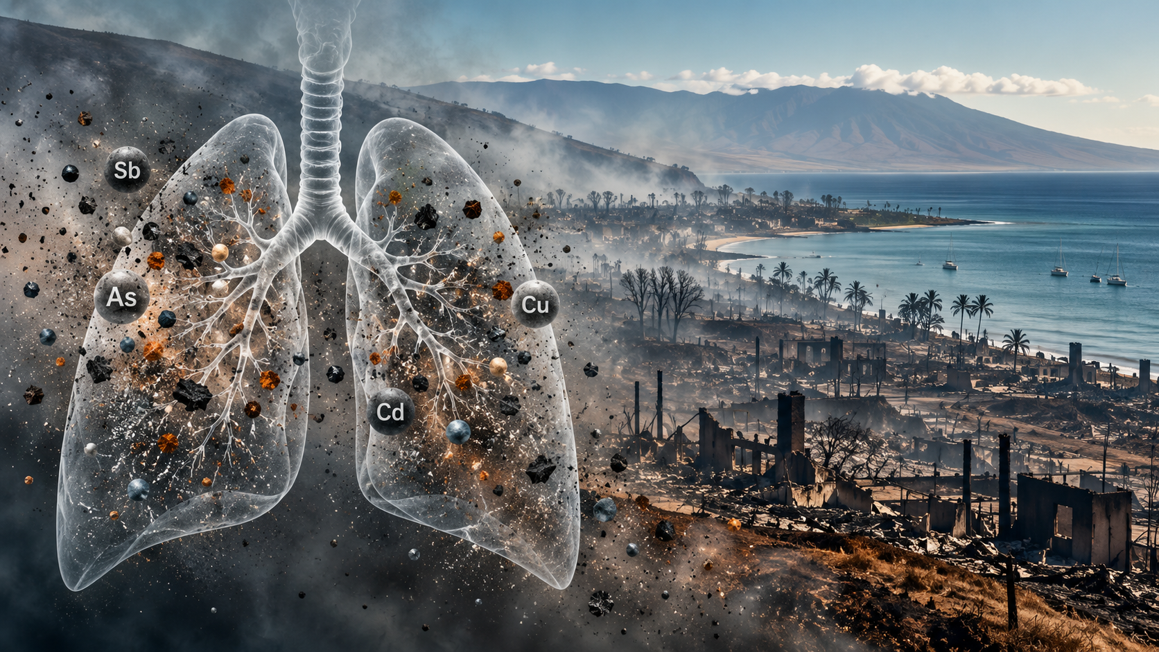 Editorial illustration of lungs, metal particles and the burned Lahaina coastline