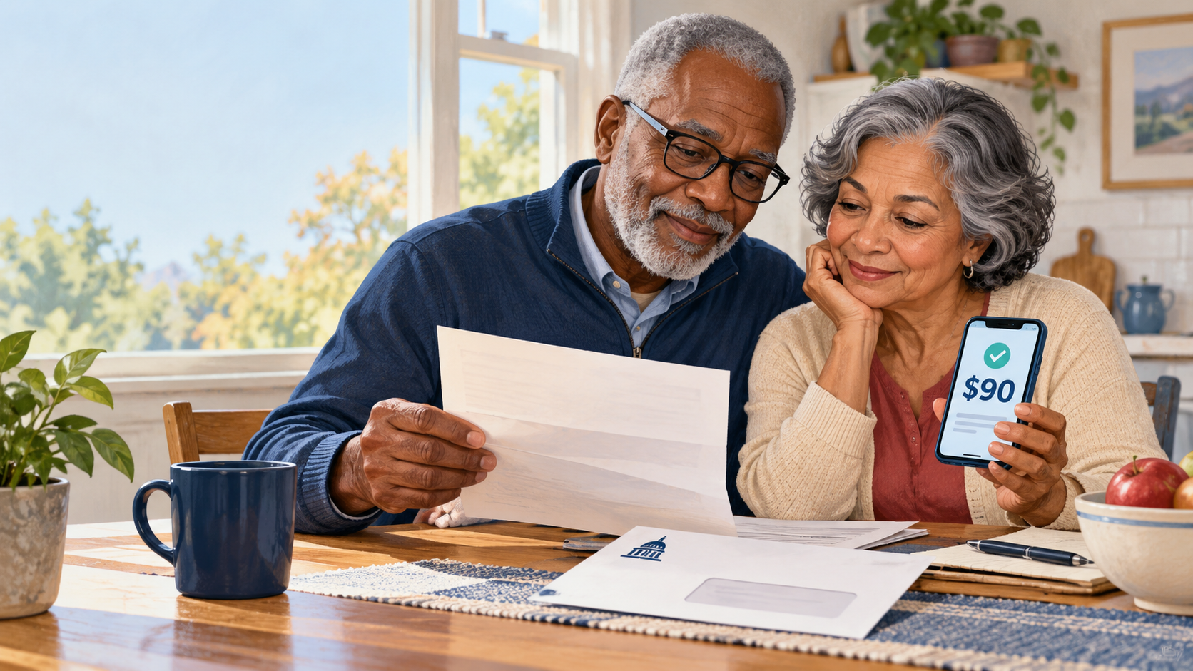 Older couple reviewing a Medicare notice beside a phone showing a $90 deposit