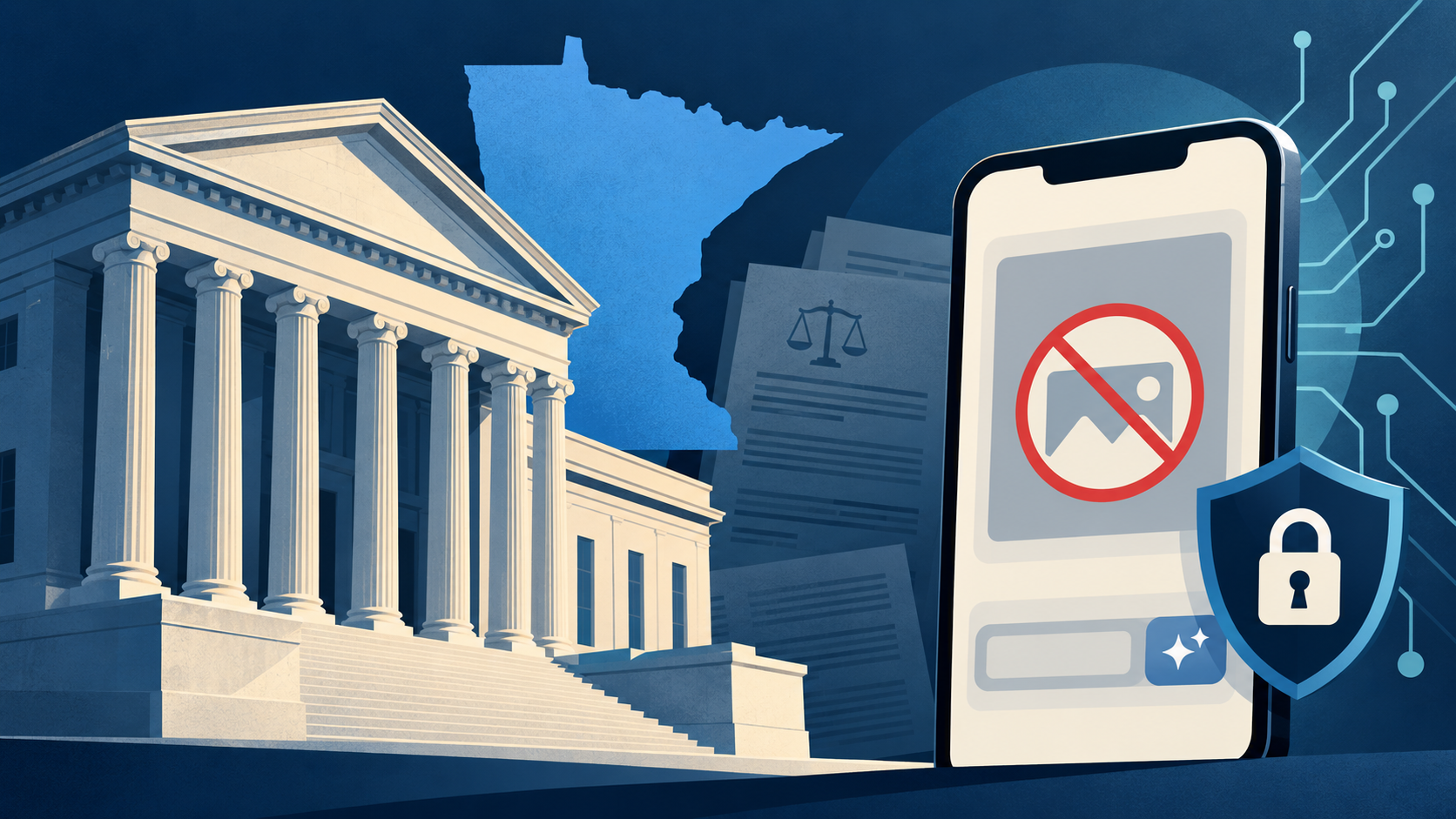 Editorial illustration of a Minnesota courthouse, a disabled image-generation interface and a privacy shield