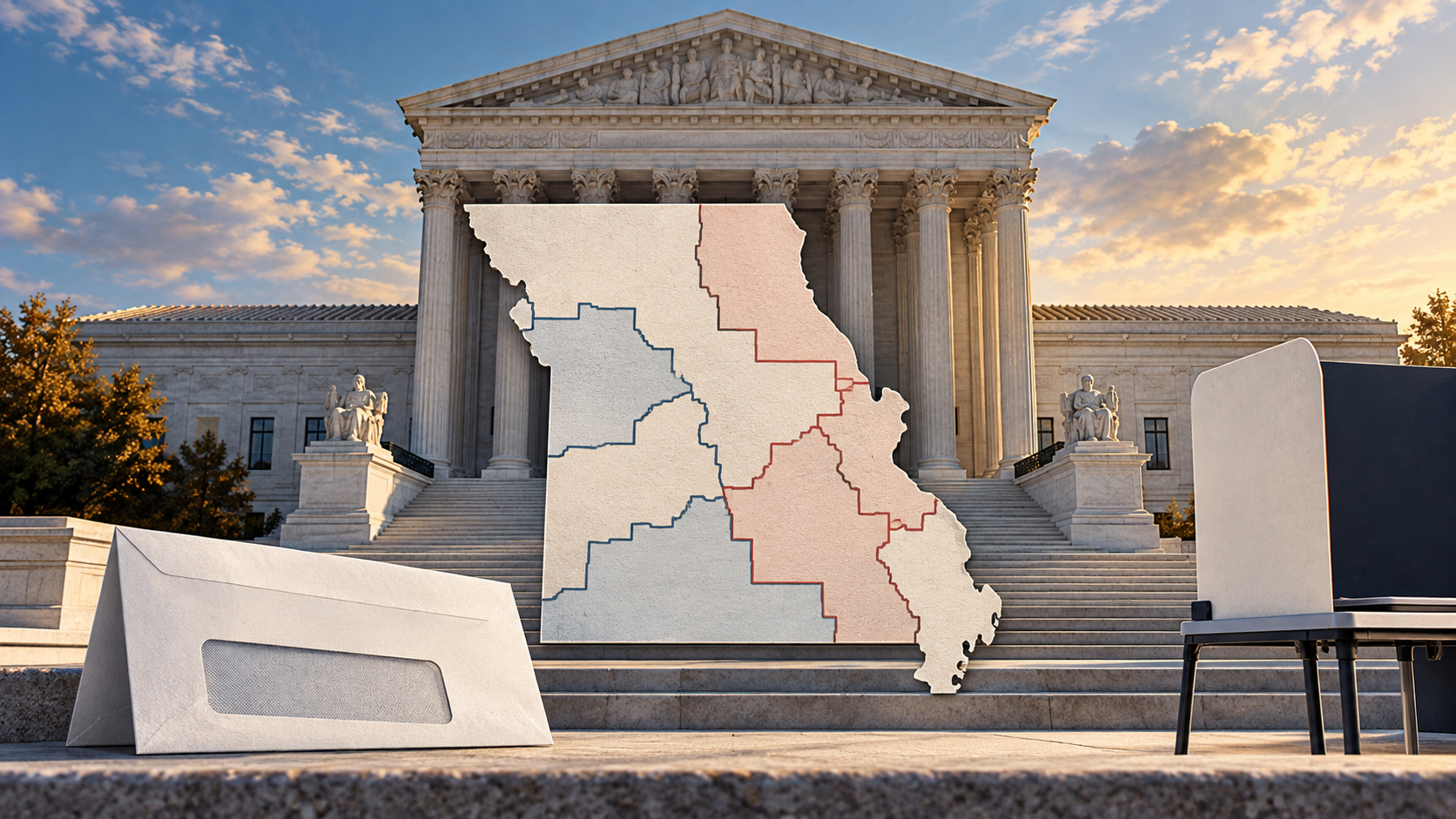 Original editorial illustration of a Missouri district map, ballot envelope and voting booth before a courthouse