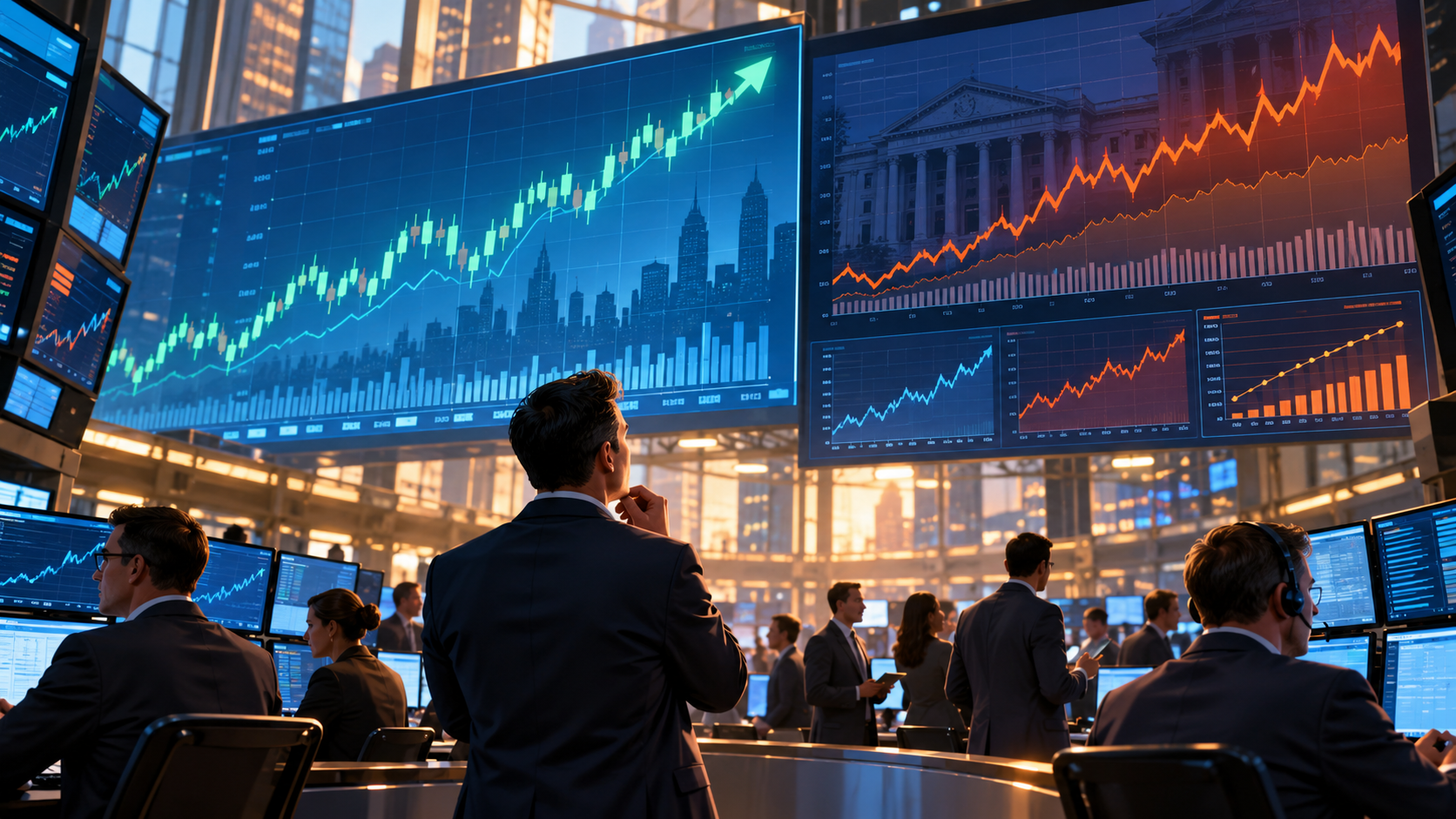 Original editorial illustration of rising market screens and elevated bond indicators on a trading floor