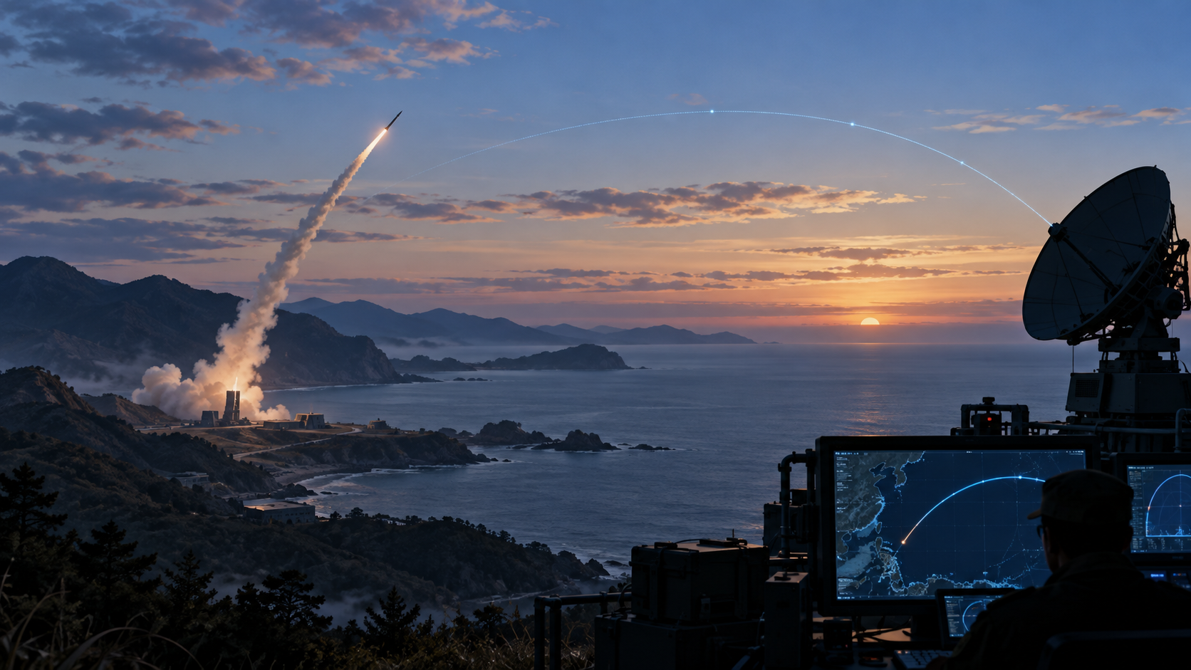 Editorial illustration of a missile rising from a coastal launch site as radar tracks a path over the sea