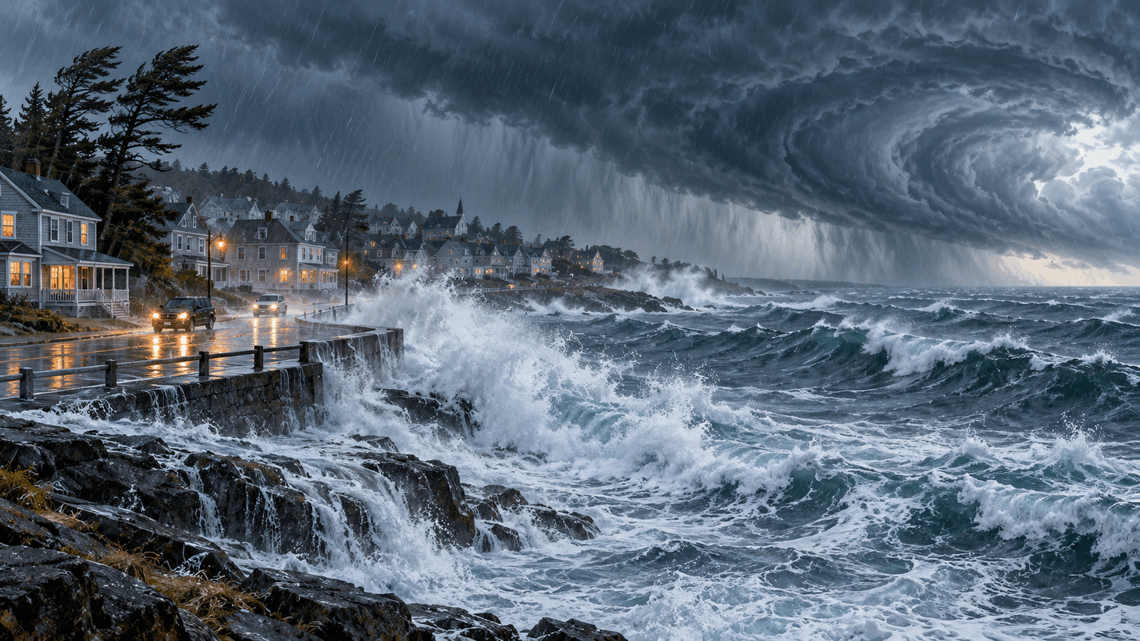 Original illustration of wind-driven rain and waves overtopping a seawall in a generic New England coastal town