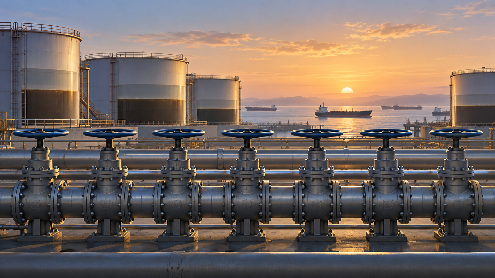 Original editorial illustration of seven pipeline valves, partly filled oil tanks and tankers at sea