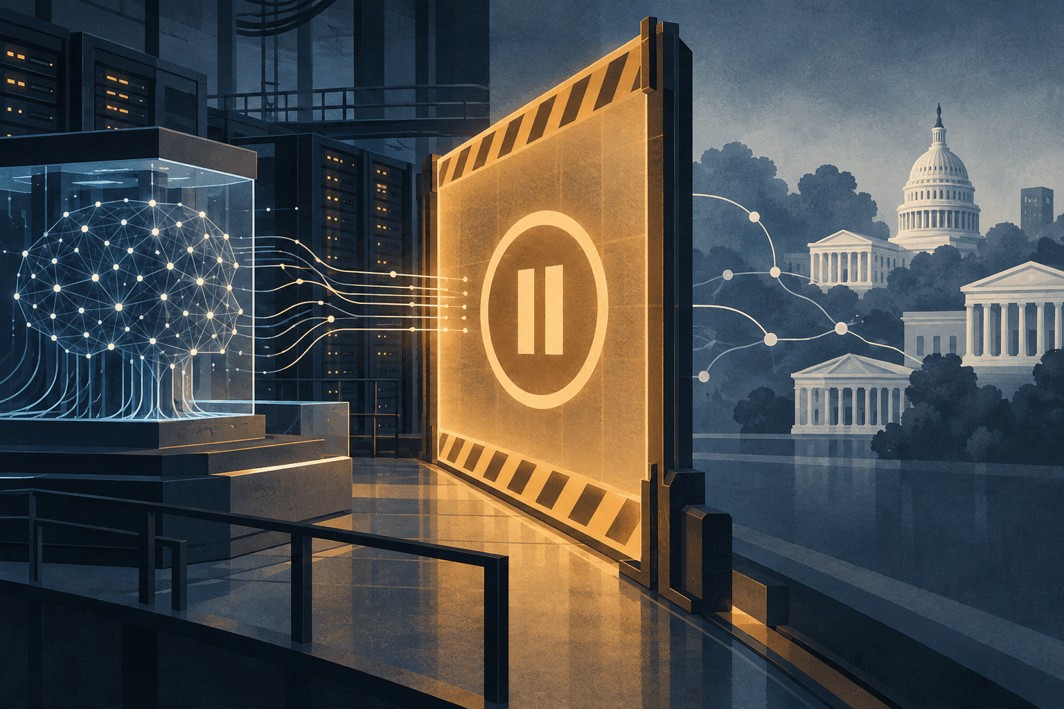 Original editorial illustration of a glowing pause barrier separating an abstract AI network from government-building silhouettes