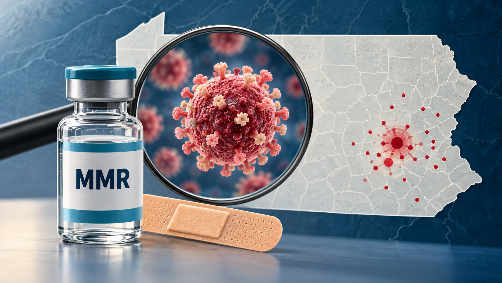 Editorial illustration of an MMR vaccine vial, measles virus particle and Pennsylvania map