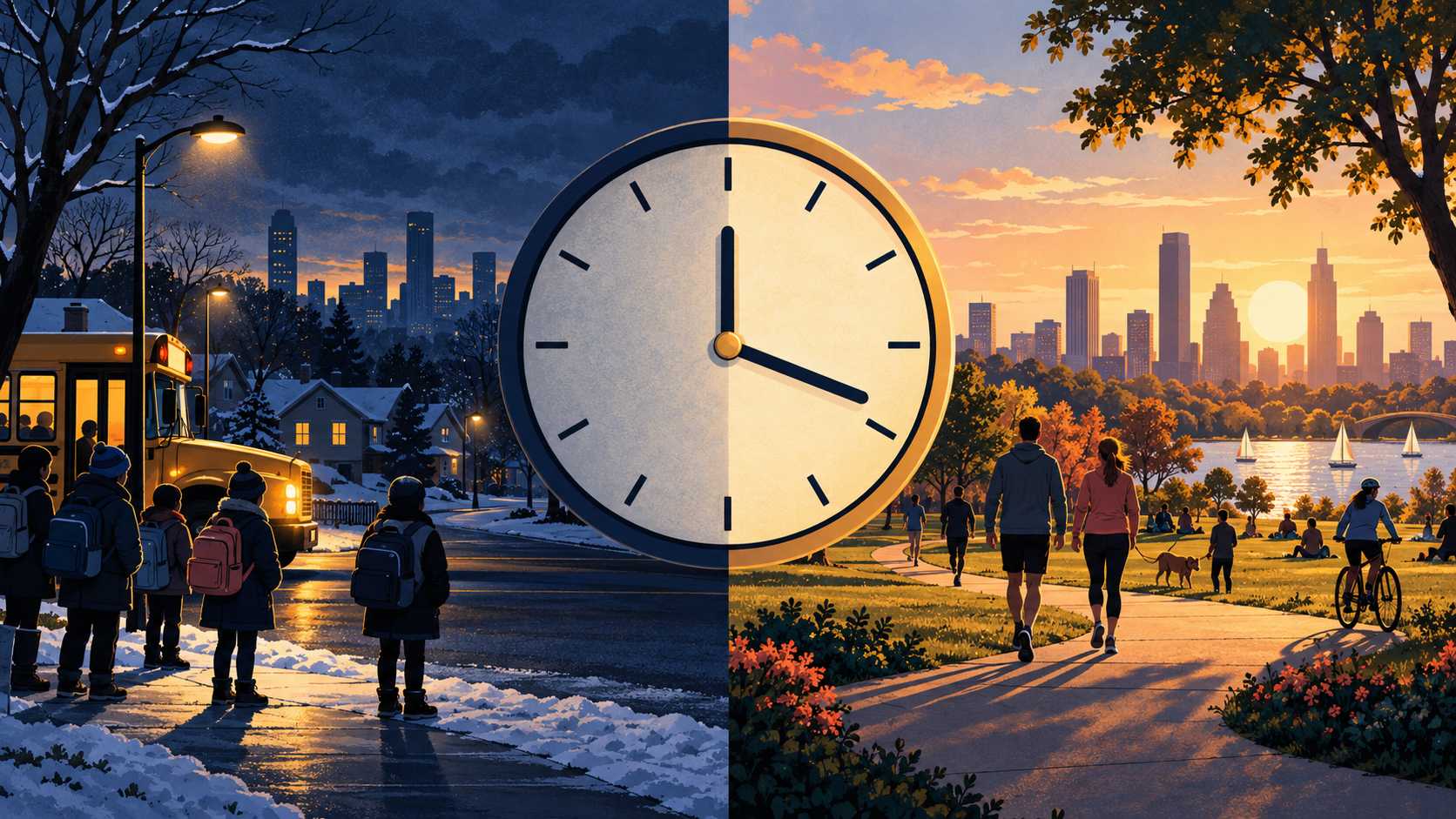 Editorial illustration contrasting a dark winter school morning with a bright late afternoon around a large clock