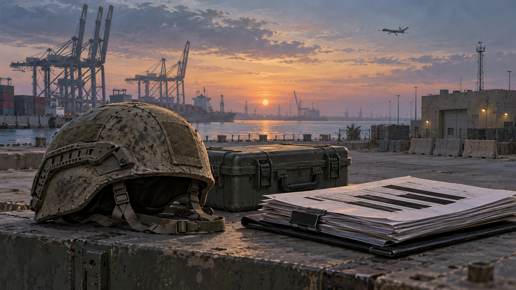 Editorial illustration of a helmet, medical case and redacted papers at a Gulf port