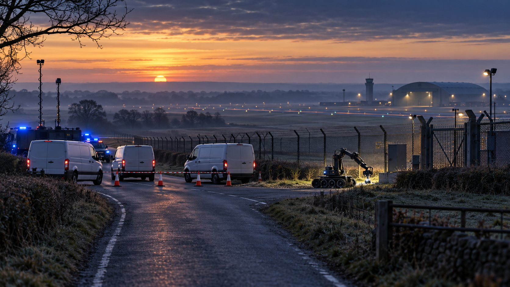 Original editorial illustration of a cordoned rural road near a generic military airfield as an inspection robot examines parked vans