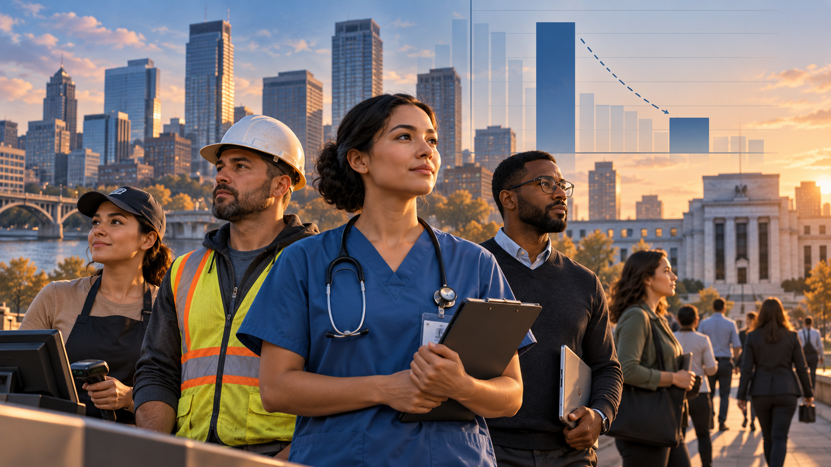 Editorial illustration of American healthcare, construction, retail and office workers with a slowing employment chart