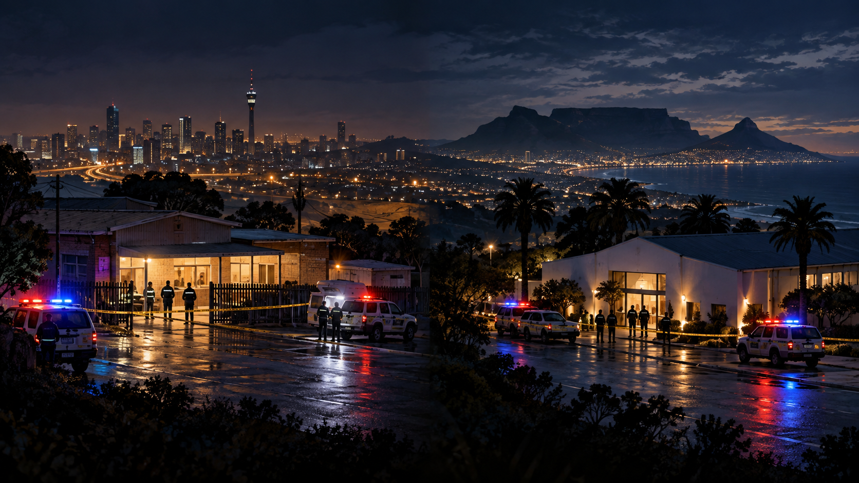 Original editorial illustration showing police investigations at two separate nighttime community venues in South Africa