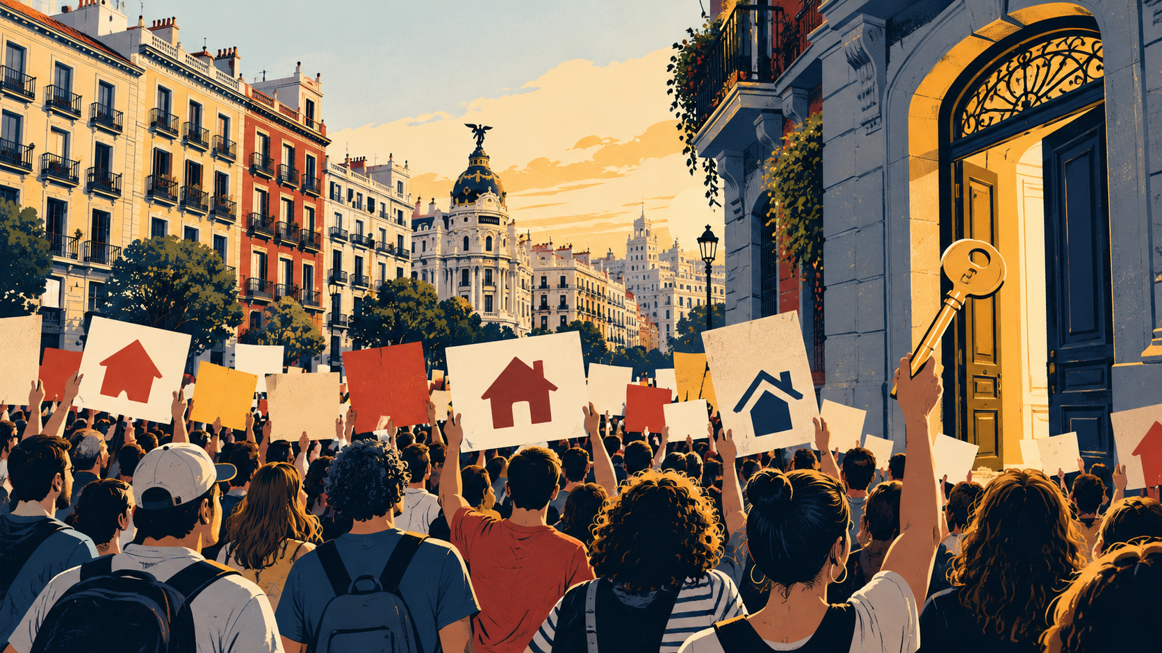 Editorial illustration of a peaceful housing protest in Madrid with apartment buildings, house signs and a large key