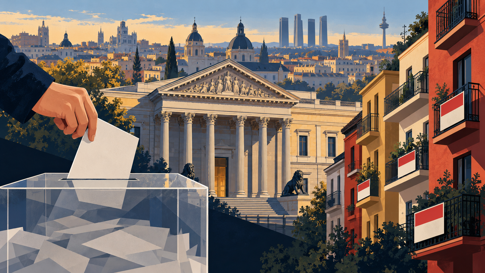 Original editorial illustration of a ballot box, Spain’s parliament and apartment buildings