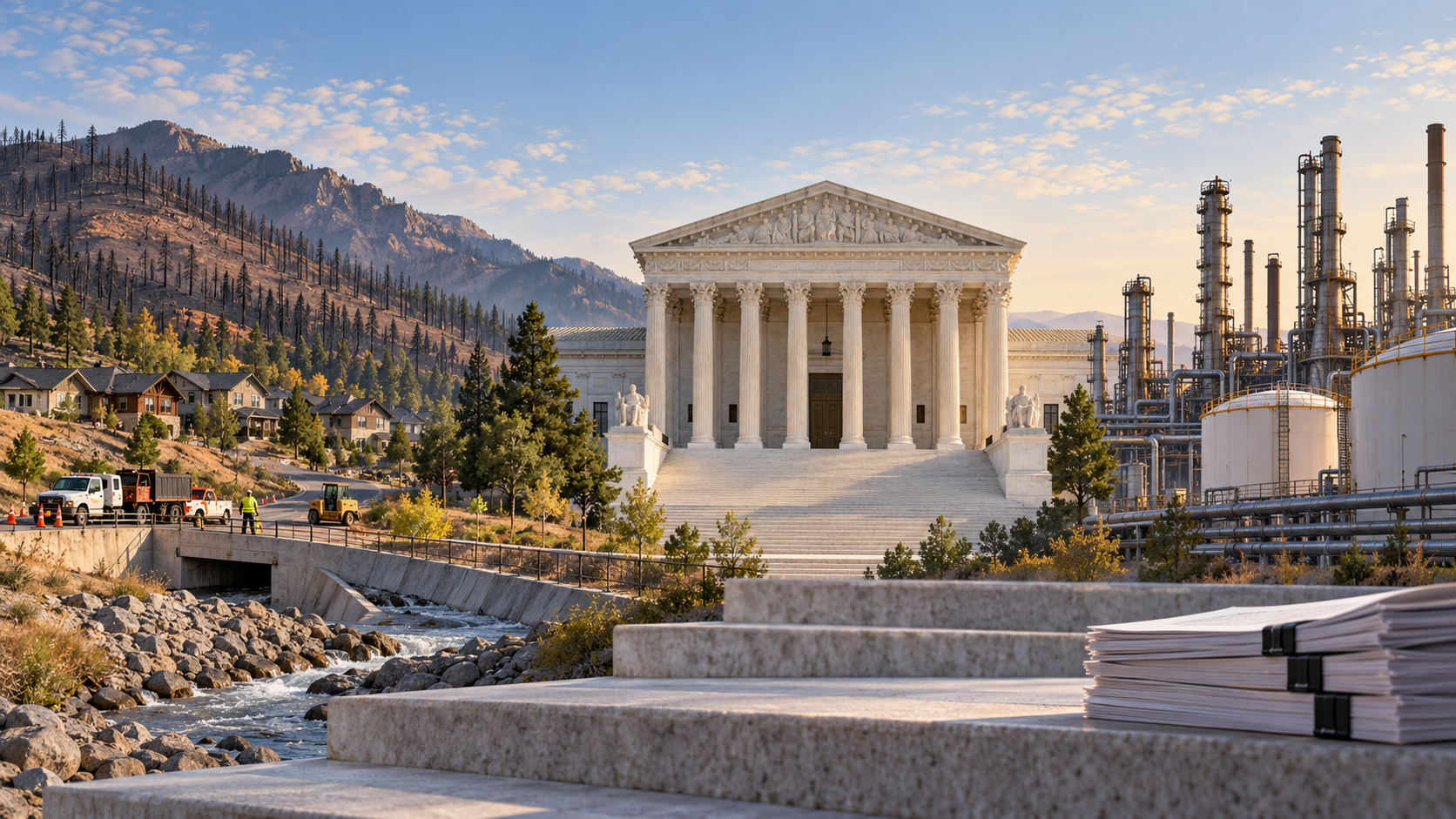 Editorial illustration of the U.S. Supreme Court between a Colorado community and energy infrastructure
