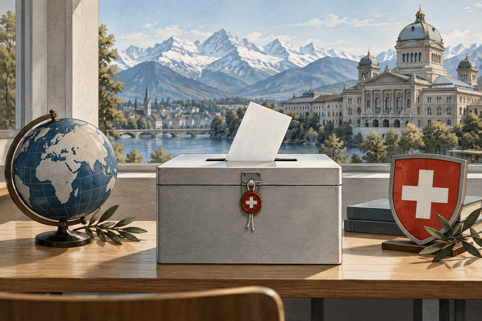 Original editorial illustration of a Swiss ballot box between a globe and a shield, with Bern and the Alps in the background