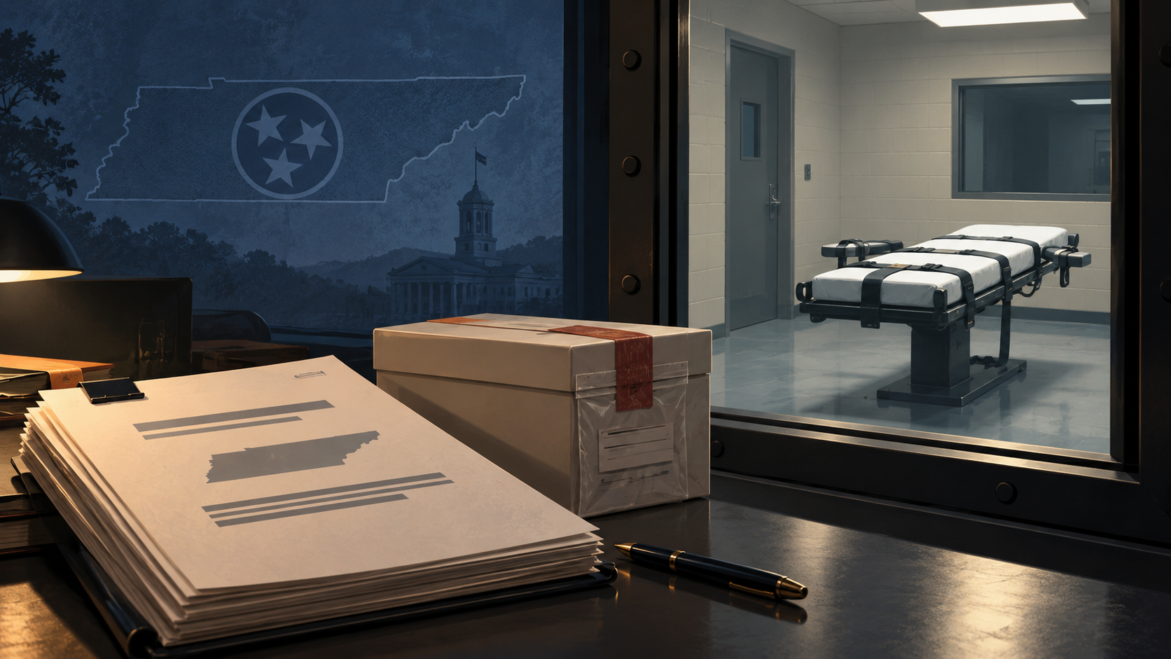Empty execution chamber seen beside sealed evidence and review documents