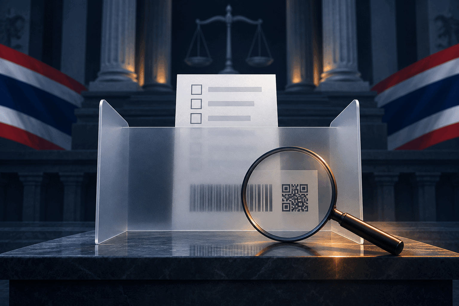 Editorial illustration of a coded ballot behind a privacy screen under court review