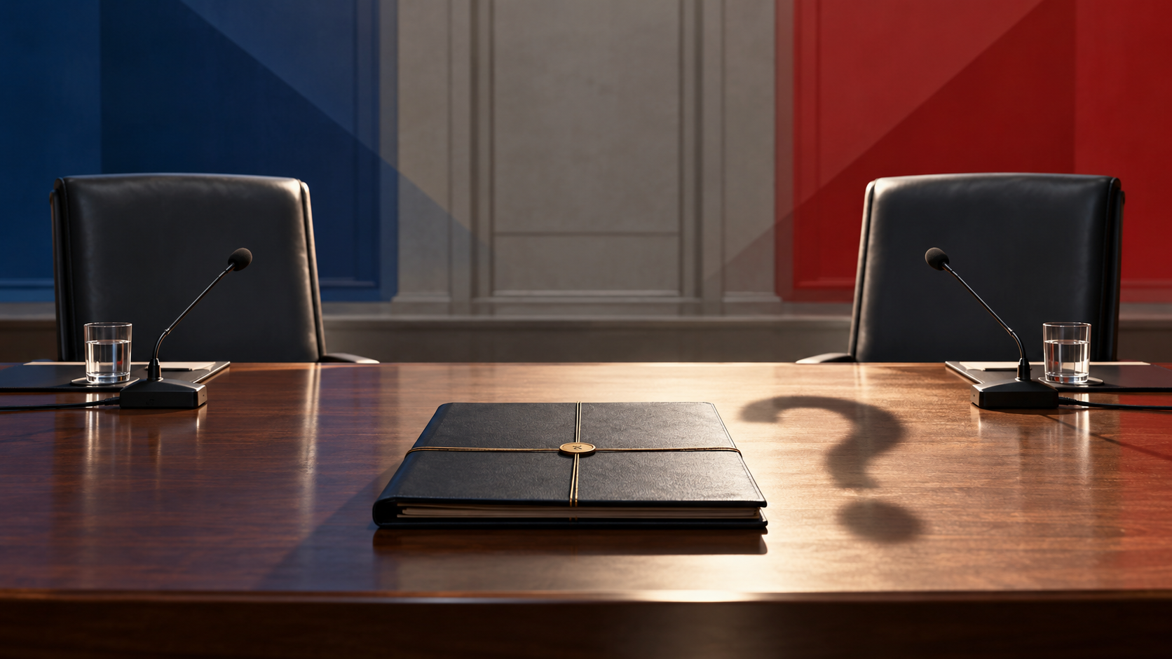 Editorial illustration of an empty diplomatic table with a sealed folder and question-mark shadow