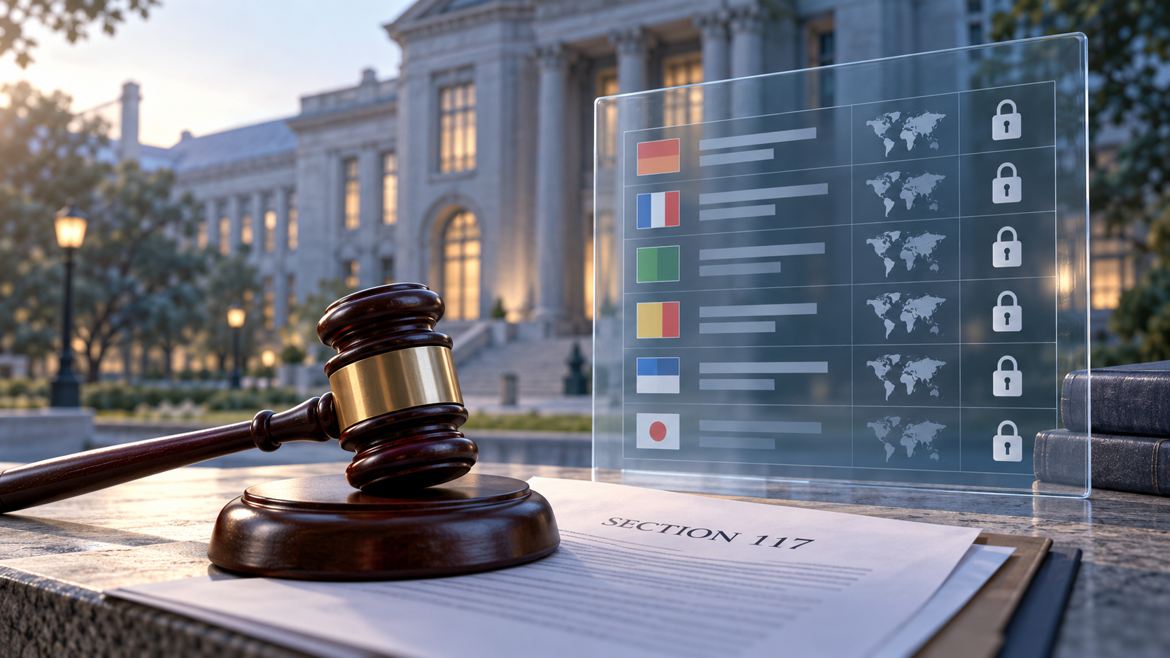 A gavel beside a locked foreign-funding dashboard and a Section 117 document
