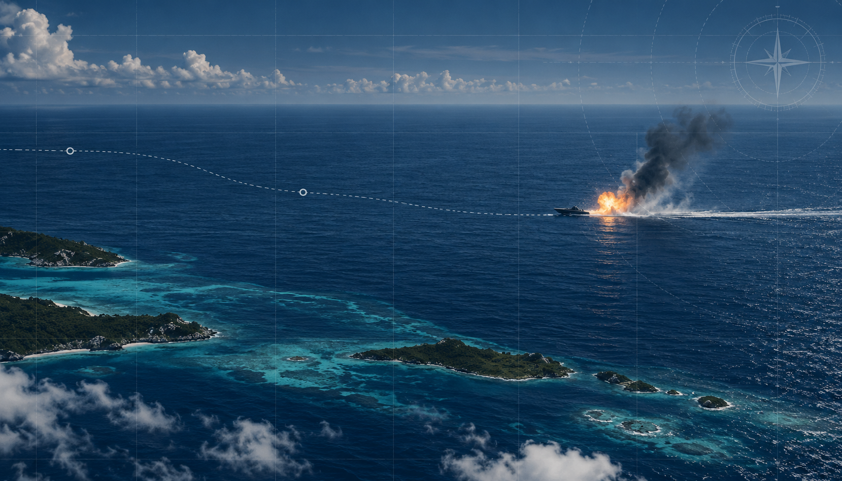 Original editorial illustration of a distant speedboat strike on Caribbean waters with a verification-grid overlay