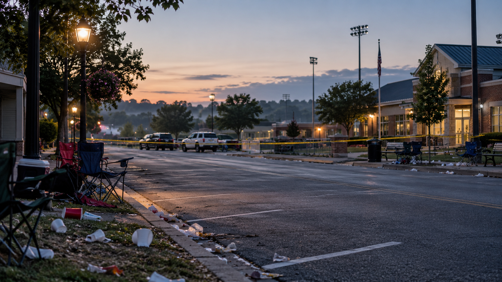Original editorial illustration of an empty small-town street after a large nighttime gathering