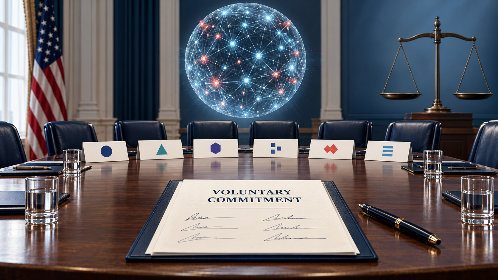 Editorial illustration of six technology-company placards, an AI network and a voluntary commitment document